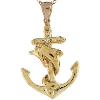 14k Yellow Gold Diamond Dolphin Anchor Ocean Nautical Pendant Jewelry