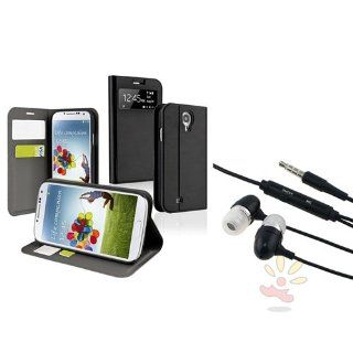 Everydaysource Compatible with Samsung Galaxy S4 i9500 Black with Stand and Sleep Mode Function Leather Case + Black In ear (w/on off) & Mic Stereo Headsets Cell Phones & Accessories