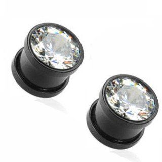 Pair of 4 Gauge 5mm Black Ion Surgical Stainless Steel Screw Fit Tunnel Clear Single Gem CZ E510 Jewelry