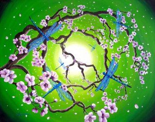 Peace Sign Tree with Blue Dragonflies and Cherry Blossoms Zen Iverson Original Painting on Canvas   Acrylic Paintings