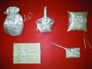 New Ivory Satin Roses Flower Basket, Guest Book, Pen, Ring Pillow & Money Bag Bridal Accessory Set (803SET2) Clothing