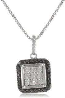 DiAura Sterling Silver Black and White Diamond Square Pendant Necklace (.19 cttw, I J Color, I2 I3 Clarity), 18" Jewelry