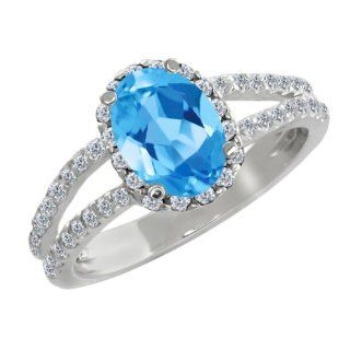 1.98 Ct Oval Swiss Blue Topaz White Diamond 18K White Gold Ring Jewelry