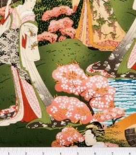 A Fuji Afternoon Japanese Ladies on Garden Landscape Cotton Fabric Print D572.07