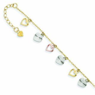 14K Gold Tri Color Adjustable Heart Anklet 9 Inches Jewelry