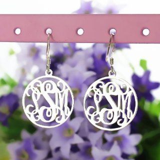 Sterling Silver Circle Monogram Earrings Custom Monogrammed Name Earrings Personalized Name Jewelry Kitchen & Dining
