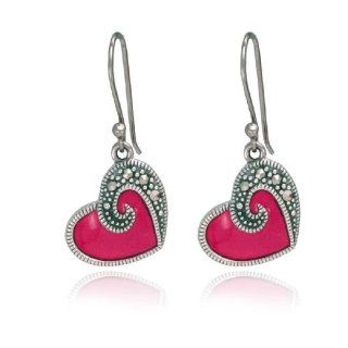 Sterling Silver Marcasite and Red Enamel Heart Wire Earrings Dangle Earrings Jewelry