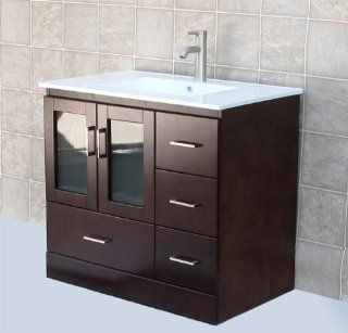 36" Bathroom Vanity Solid Wood Cabinet Ceramic Top Sink Faucet MO1    