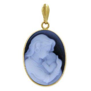 14K Gold Frame Agate Cameo Hispanic American Pendant   3/4" x 1/2" Depicting Mother Holding Child Jewelry