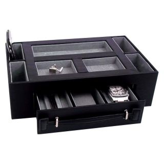 Leather Valet Box with Pen & Watch Drawer   Black Leather   11W x 3H in.   Mens Jewelry Boxes