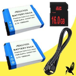 Two Halcyon 1500 mAH Lithium Ion Replacement Battery + 16GB SDHC Class 10 Memory Card + Mini HDMI Cable for GoPro HD Hero, HD Hero2, HD HERO Naked  Digital Camera Accessory Kits  Camera & Photo