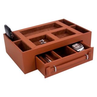 Leather Valet Box with Pen & Watch Drawer   Tan Leather   11W x 3H in.   Mens Jewelry Boxes