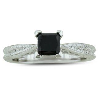 3/4ct Princess Cut Black Diamond Solitaire Antique Model Engagement Ring in Sterling Silver, Ring Sizes 5 to 8.5 Jewelry