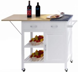Kitchen Workstation Storage Cart with Wood/Granite Counter   White   Kitchen Islands and Carts