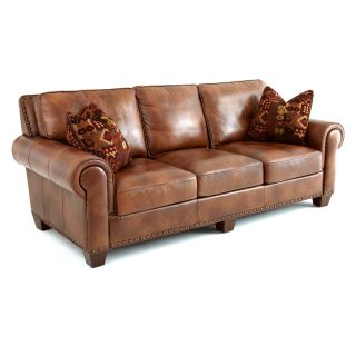 Steve Silver Silverado Leather Sofa with 2 Accent Pillows   Caramel Brown   Sofas