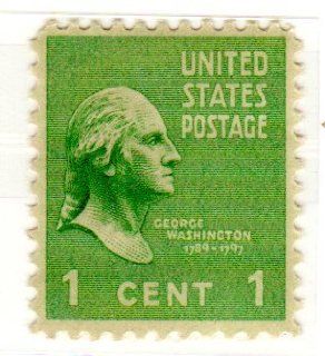 Postage Stamps United States. One Single 1 Cent Green George Washington, Presidential Issue Stamp, Dated 1938 54, Scott #804. 