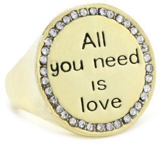 Music Couture Gold Tone "All You Need is Love" Clear Crystals Coin Ring, Size 7 Jewelry