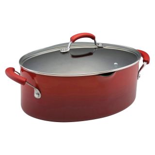 Rachael Ray Porcelain Enamel II 8 qt. Covered Oval Pasta Pot with Pour Spout   Two Tone Red   Stock Pots