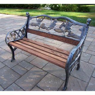 Oakland Living Frog Kiddy Cast Iron and Wood Bench in Antique Pewter Finish   Outdoor Benches