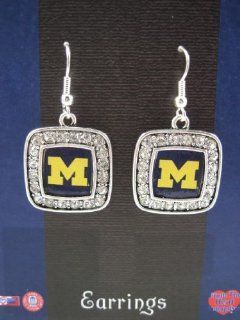 Officially Licensed University of Michigan Wolverines Silvertone Square Crystal Studded Earrings Jewelry