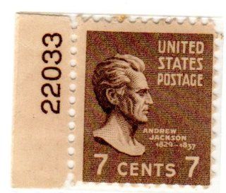 Postage Stamps United States. One Single 7 Cents Sepia Andrew Jackson, Presidential Issue Stamp With Plate Block #22033, Dated 1938 54, Scott #812. 