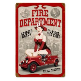 Fire Department Pin Up Vintage Metal Sign   12W x 18H in.   Wall Sculptures and Panels