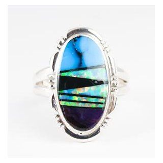 Navajo Silver Turquoise Lab Created Opal Ring Sz 6 By Sharon Francisco Jewelry