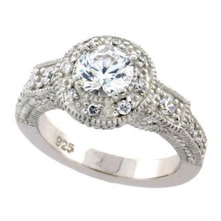Sterling Silver Vintage Style Cubic Zirconia Ring 6mm (3/4 carat size) High Quality Brilliant Cut Center Stone, 3/8 inch (10 mm) wide, size 9 Jewelry