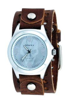 Nemesis #BB813S Men's Skeleton Face Shadow Dial Wide Brown Leather Cuff Band Watch Watches