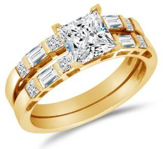 Solid 14k Yellow Gold Highest Quality CZ Cubic Zirconia Invisible Set Bridal Engagement Ring w/Matching Wedding Band Two Ring Set   Princess Cut Solitaire with Baguette Side Stones (2.0cttw., 1.0ct. Center)   Available in all ring sizes 4   13 Sonia Jewel