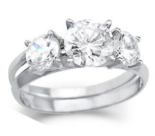 3 Stone CZ Engagement Ring Wedding Band Set 14k White Gold (2.00 CT) Jewel Tie Jewelry
