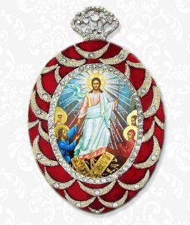 Resurrection of Christ Jeweled Icon Egg Shape Framed Icon Pendant Jewelry