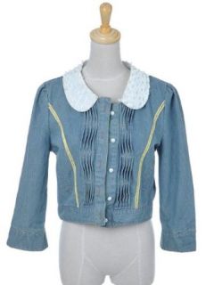 Anna Kaci S/M Fit Faux Pearl Beaded Collar Yellow Lace Trim Denim Button Up
