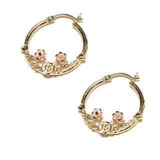 14k Yellow and Rose Gold, Mis 15 Anos Quinceanera Design on Hollow Round Tube Hoop Earring 20mm Inner Diameter Jewelry