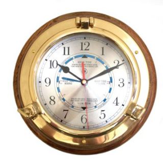 Bey Berk International Brass Porthole Tide and Time Clock on Oak T.P.   Weather Stations
