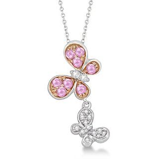 0.39ct Genuine Pink Sapphire and White Diamond Two Butterfly Dangling Pendant 14k White Gold Jewelry