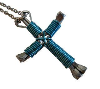 Horseshoe Nail Cross Necklace  Turquoise Blue with 24 Inch Stainless Steel Chain Pendant Necklaces Jewelry