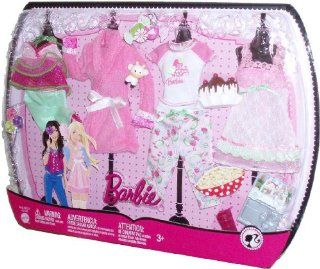 Barbie 2009 Doll Clothes Fashion N7481 Candy Theme Pajama Outfit   Bathrobe, 2 Pajama Tops, 2 Pajama Pants, Pajama Dress, Pet Figure, Ice Cream with Bowl, Glass with Straw and "Portable DVD Player" Toys & Games