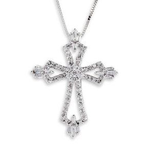 14k White Gold Round Baguette Diamond Cross Necklace Pendant Necklaces Jewelry