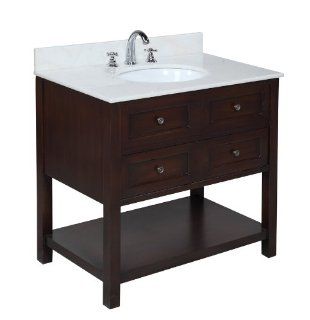New Yorker 36 inch Bathroom Vanity (White/Chocolate) Includes a Chocolate Cabinet, Soft Close Drawers, a White Marble Countertop, and a Ceramic Sink    