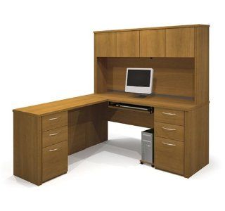 L shaped Corner Computer Desk with Hutch Included in Cappuccino Cherry  