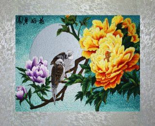 PEA Designs, Full Moon Love Birds Wall Dcor, Premier 1/4 Thread Stitching, Chinese Su Embroidery Pattern, Timeless Wall Hanging Artwork, Elegant Needlepoint Tapestry, Traditional Wall Art for Room Decoration, Unique Housewarming Gift Idea, 27 5/32" x