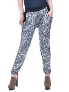 Anna Kaci S/M Fit Silver Tone Sequin Zebra Print Design Loose Fit Leggings Pants