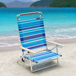Copa 5 Position Lay Flat Aluminum Beach Chair   Blue Stripe   Beach Chairs