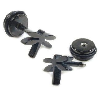 Pair Stainless Steel Black Dragonfly Screw Stud Earrings Jewelry