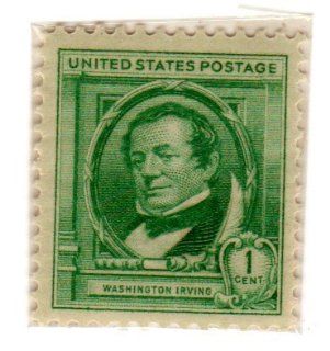 Postage Stamps United States. One Single 1 Cent Bright Blue Green, Famous American Authors Issue, Washington Irving, Stamp Dated 1940, Scott #859. 