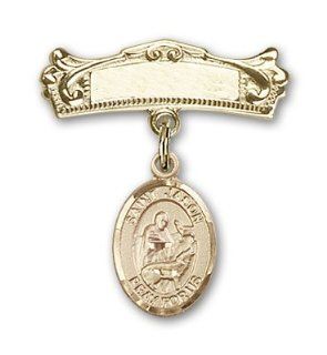 JewelsObsession's 14K Gold Baby Badge with St. Jason Charm and Arched Polished Badge Pin Jewels Obsession Jewelry