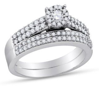 14K White Gold Round Brilliant Cut Diamond Bridal Engagement Ring and Matching Wedding Band Two 2 Ring Set   Halo Prong Set Center with Channel Set Side Stones   Classic Traditional Solitaire Shape Center Setting   (2/3 cttw.) Jewelry