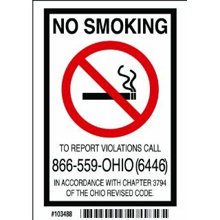Brady 103490 Self Sticking Polyester, 14" X 10" Legend "No Smoking To Report Violations Call 866 559 Ohio (6446) In Accordance With Chapter 3794 Of The Ohio Revised Code." Industrial Warning Signs