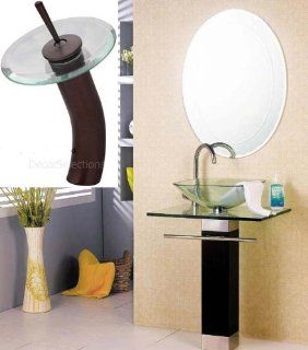 Contemporary Bathroom Pedestal Vanity Tempered Glass Vessel Sink Waterfall Faucet CBV6097  
